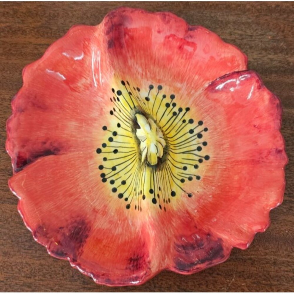 California Pottery Red Poppy Floral Divided Ceramic Dish Bowl 7.75"